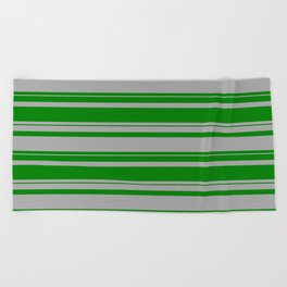 [ Thumbnail: Dark Gray and Green Colored Striped Pattern Beach Towel ]