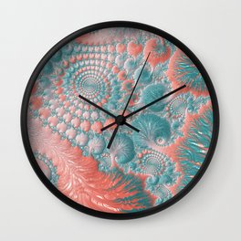 Abstract Living Coral Reef Nautilus Pastel Teal Blue Orange Spiral Swirl Pattern Fractal Fine Art Wall Clock