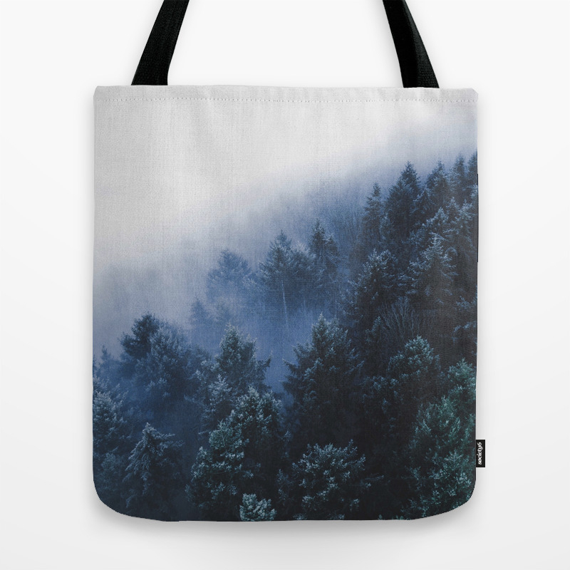 Foggy Blue Purple Mountain Hill Pine Trees Landscape Nature Photography Minimalist Modern Art Tote Bag
