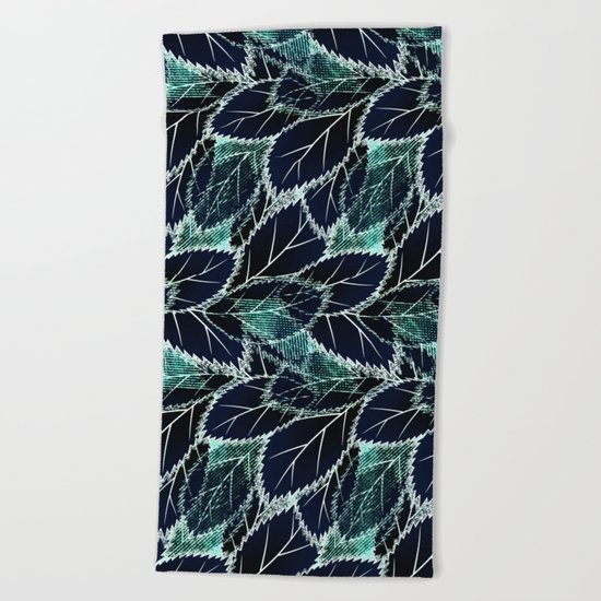 Bright turquoise leaves on a black background. Beach Towel