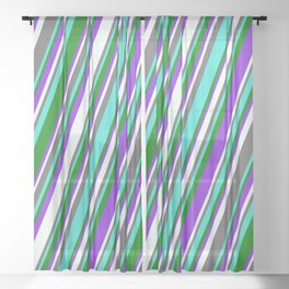 [ Thumbnail: Dim Grey, Turquoise, Green, Purple & Mint Cream Colored Lined Pattern Sheer Curtain ]