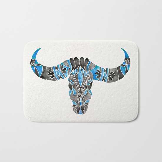 Water Buffalo Skull – Black & Blue Bath Mat