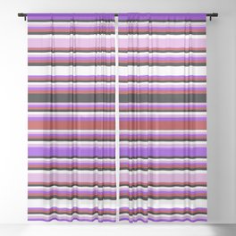 [ Thumbnail: Eyecatching Plum, Purple, Red, Black & White Colored Lines/Stripes Pattern Sheer Curtain ]
