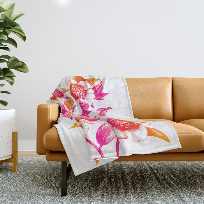 Pink and Orange Flowers Elegant Pattern Throw Blanket