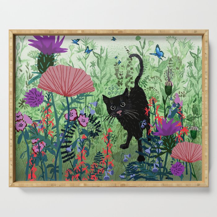 Black Cat in Garden Serving Tray