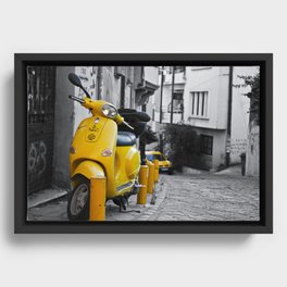 YELLOW MOTORCYCLE SCOOTER IN VINTAGE STREET Framed Canvas