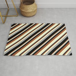 [ Thumbnail: Sienna, Light Yellow, Dark Grey, and Black Colored Stripes Pattern Rug ]