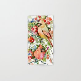 Cardinal Birds and Hawthorn, Cardinal Bird Christmas Design art floral bird decor Hand & Bath Towel