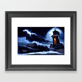 A lighthouse in the storm Framed Art Print
