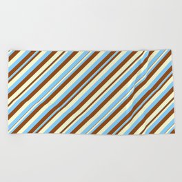 [ Thumbnail: Light Yellow, Light Sky Blue & Brown Colored Pattern of Stripes Beach Towel ]