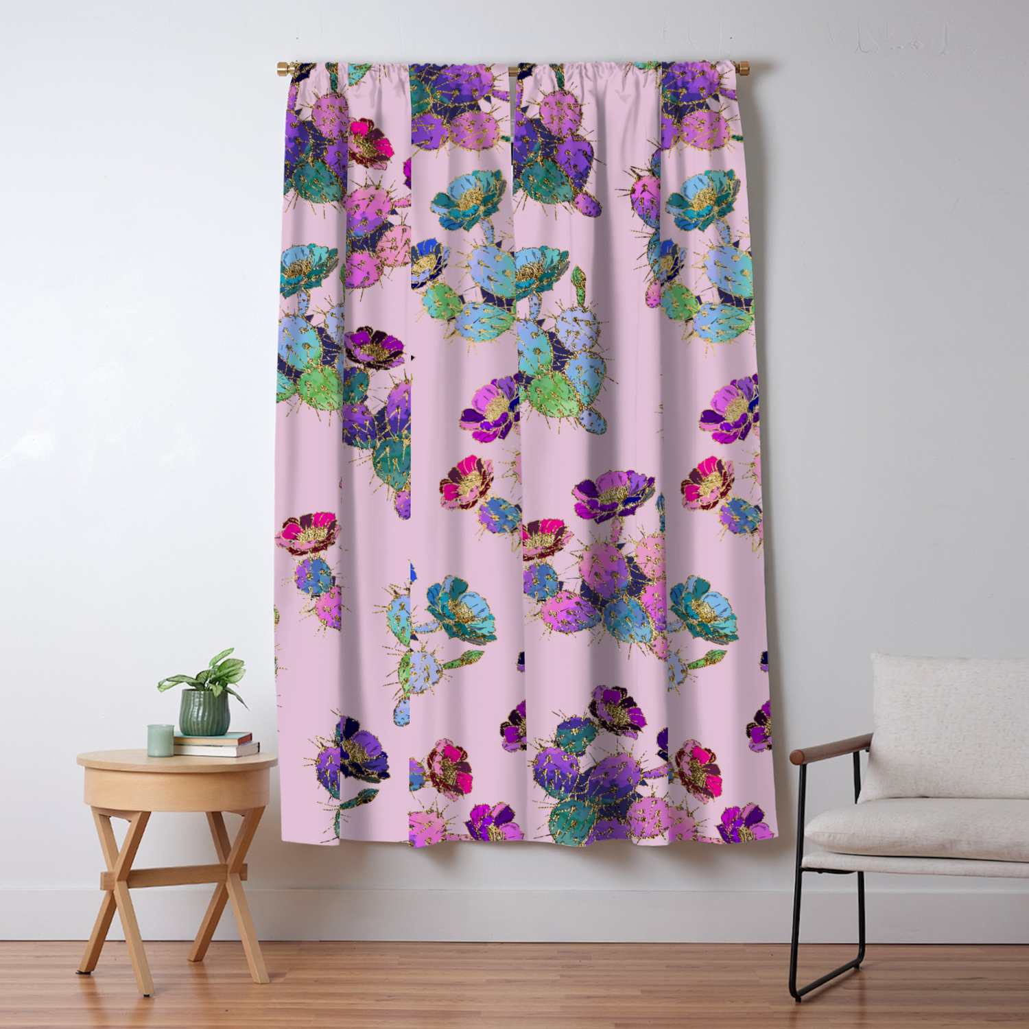 Blush Pink Teal Purple Gold Watercolor Cactus Floral Blackout
