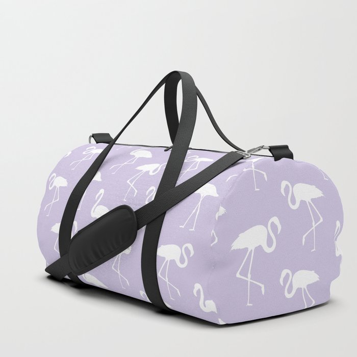 White flamingo silhouettes seamless pattern on lilac background Duffle Bag