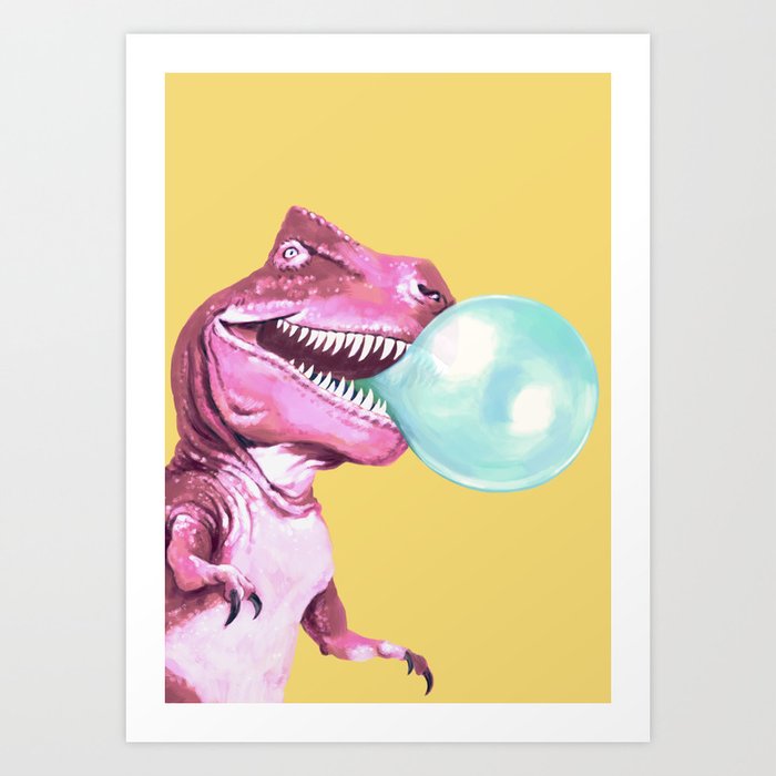 Bubble Gum Pink T-rex in Yellow Art Print