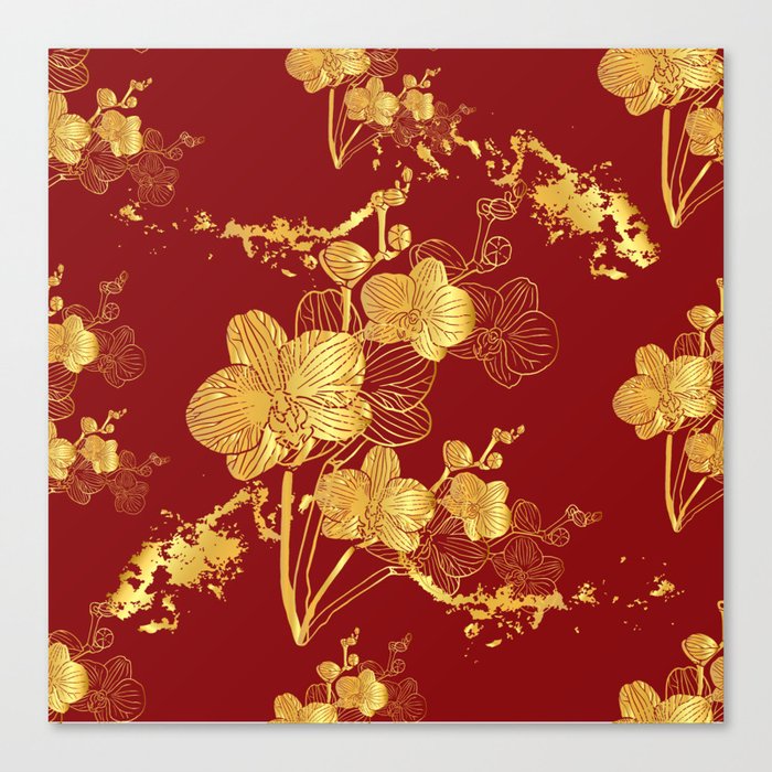 Gold & Maroon Floral Orchid Pattern Canvas Print