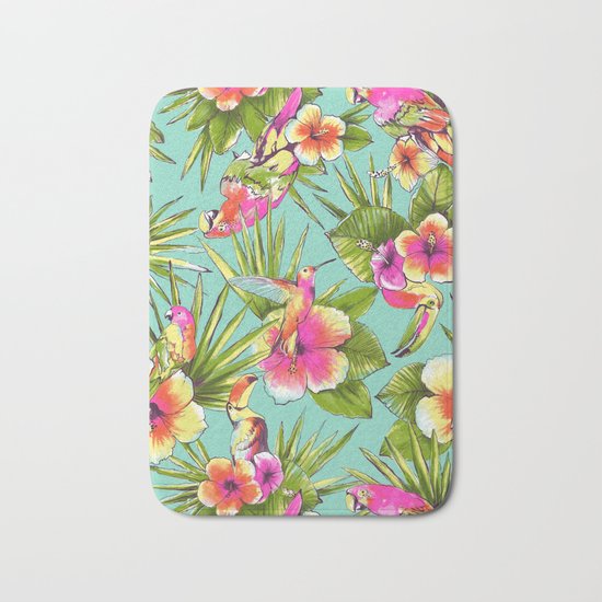 Tropical flowers with parrots Bath Mat