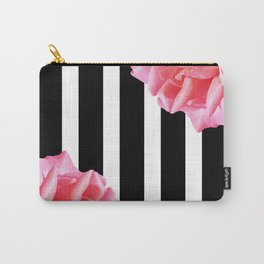 Pink roses on black and white stripes Carry-All Pouch