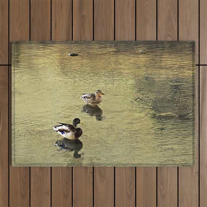 Mallard Ducks Couple Relaxing Golden River Outdoor Rug