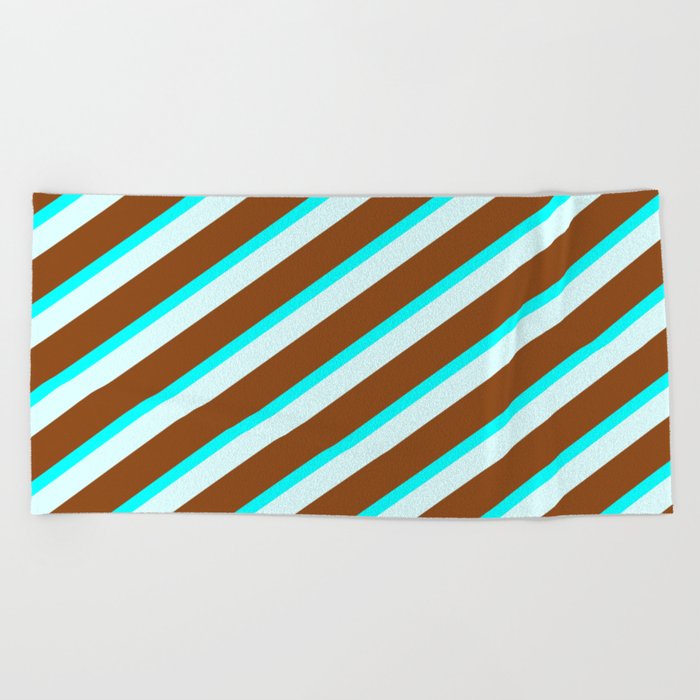 Brown, Aqua & Light Cyan Colored Lined Pattern Beach Towel