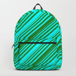 [ Thumbnail: Cyan and Forest Green Colored Lined/Striped Pattern Backpack ]