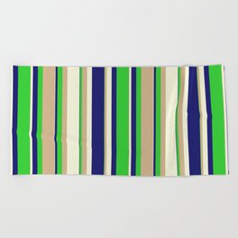 [ Thumbnail: Midnight Blue, Lime Green, Tan & Beige Colored Stripes/Lines Pattern Beach Towel ]