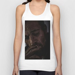 Homeless Man with lighted cigarette, glowing red on the end.  Tank Top