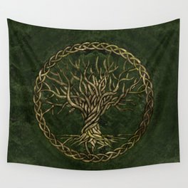 Tree of life -Yggdrasil -green and gold Wall Tapestry