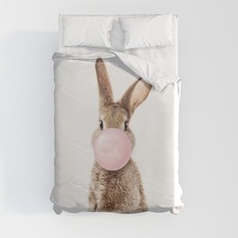 Brown Bunny Blowing Bubble Gum, Pink Nursery, Baby Animals Art Print by Synplus Duvet Cover