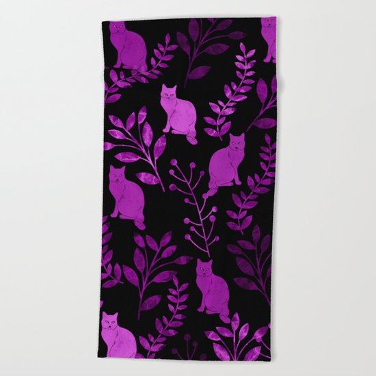 Watercolor Floral and Cat II Beach Towel