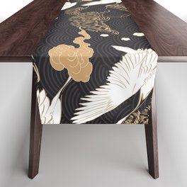 Japanese seamless pattern with crane birds and bonsai trees Table Runner