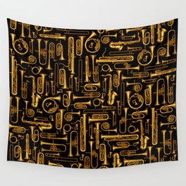 Horns Vintage Brass Player Musical Instruments Pattern GOLD Wall Tapestry