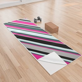 [ Thumbnail: Colorful Light Cyan, Dark Slate Gray, Deep Pink, Grey & Black Colored Lines/Stripes Pattern Yoga Towel ]