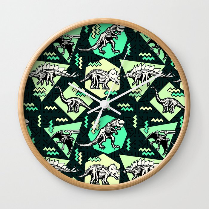 90's Dinosaur Skeleton Neon Pattern Wall Clock
