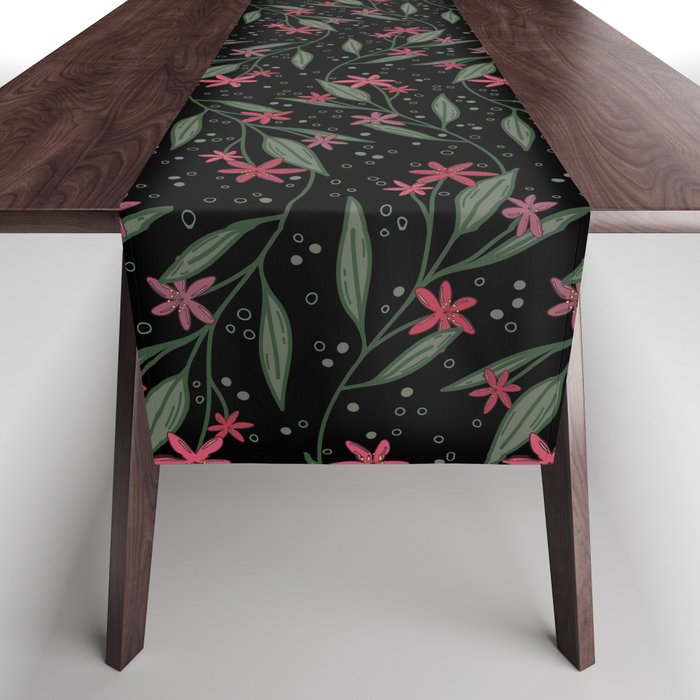 Blush pink floral branches on black background Table Runner