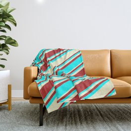 [ Thumbnail: Red, Cyan, and Light Yellow Colored Stripes Pattern Throw Blanket ]