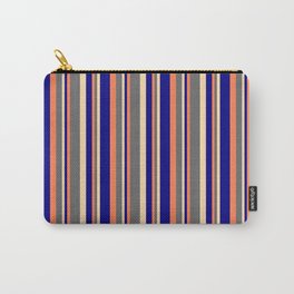 [ Thumbnail: Coral, Dim Gray, Tan & Blue Colored Pattern of Stripes Carry-All Pouch ]