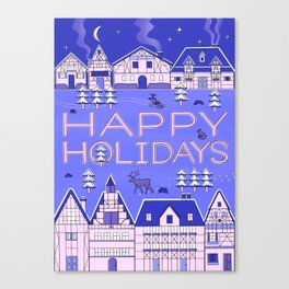 Cozy Snowy Village Holiday Card - Blue and Pink Canvas Print