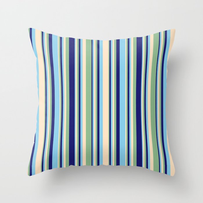Bisque, Dark Sea Green, Midnight Blue, and Sky Blue Colored Stripes Pattern Throw Pillow