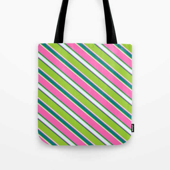 Hot Pink, Teal, Green, and Light Cyan Colored Stripes/Lines Pattern Tote Bag