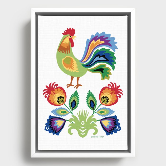 Polish Green Rooster and flowers Framed Canvas