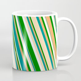 [ Thumbnail: Vibrant Brown, Dark Cyan, Tan, White & Green Colored Striped Pattern Coffee Mug ]