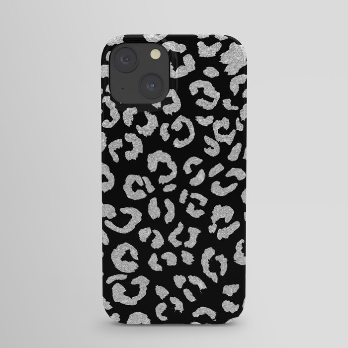 Modern trendy silver glitter hand painted leopard pattern on black iPhone Case