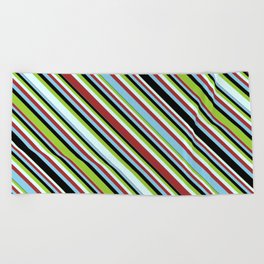 [ Thumbnail: Green, Light Cyan, Brown, Sky Blue & Black Colored Striped Pattern Beach Towel ]