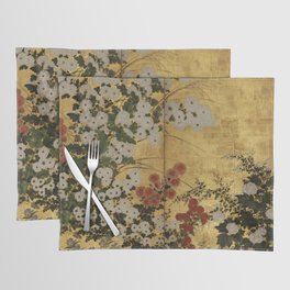 White Red Chrysanthemums Floral Japanese Gold Screen Placemat