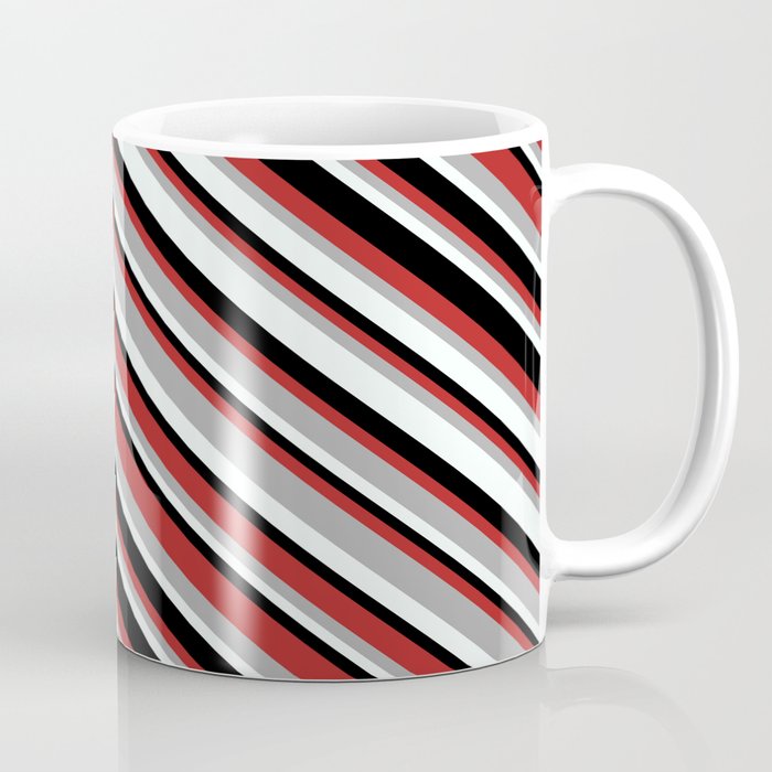 Red, Dark Grey, Mint Cream, and Black Colored Pattern of Stripes Coffee Mug