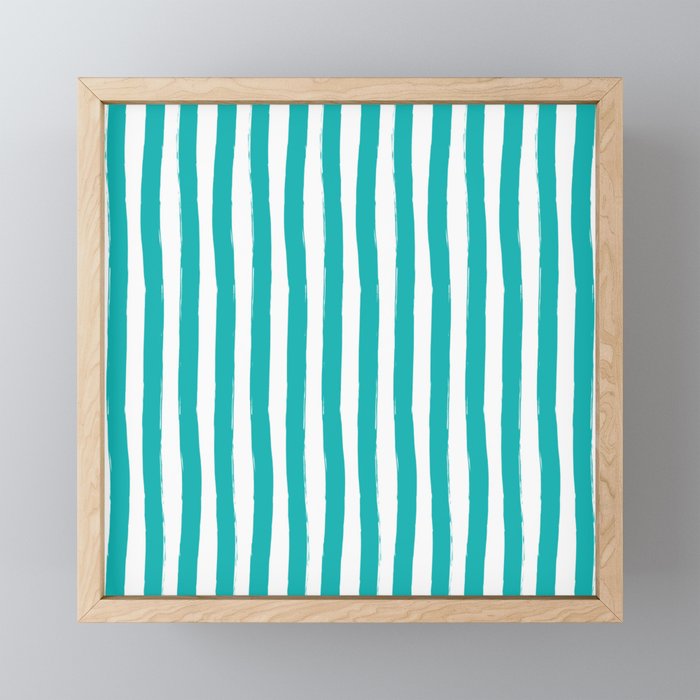 Turquoise and White Cabana Stripes Palm Beach Preppy Framed Mini Art Print