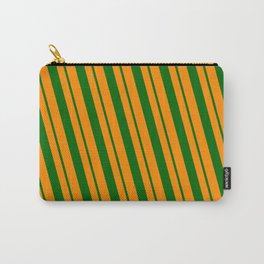 [ Thumbnail: Dark Orange & Dark Green Colored Striped/Lined Pattern Carry-All Pouch ]