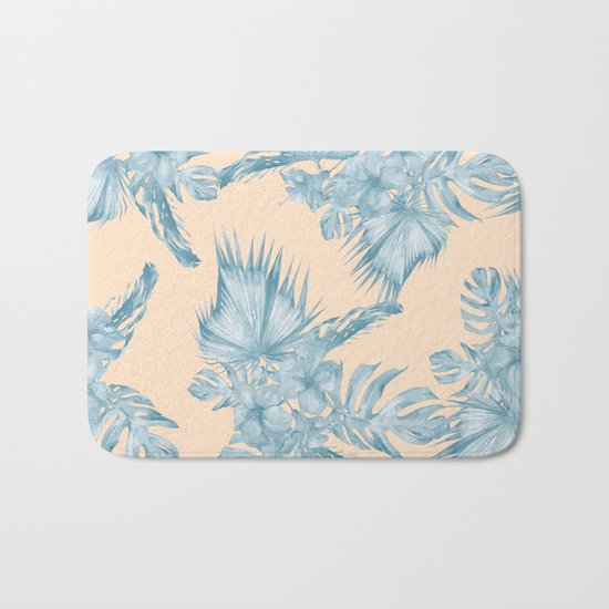 Tropical Flowers and Leaves Blue on Peach Coral Bath Mat
