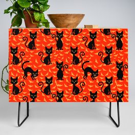 Spooky Black Cat Halloween Orange Bats Credenza