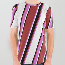 [ Thumbnail: Brown, Orchid, White & Black Colored Pattern of Stripes All Over Graphic Tee ]