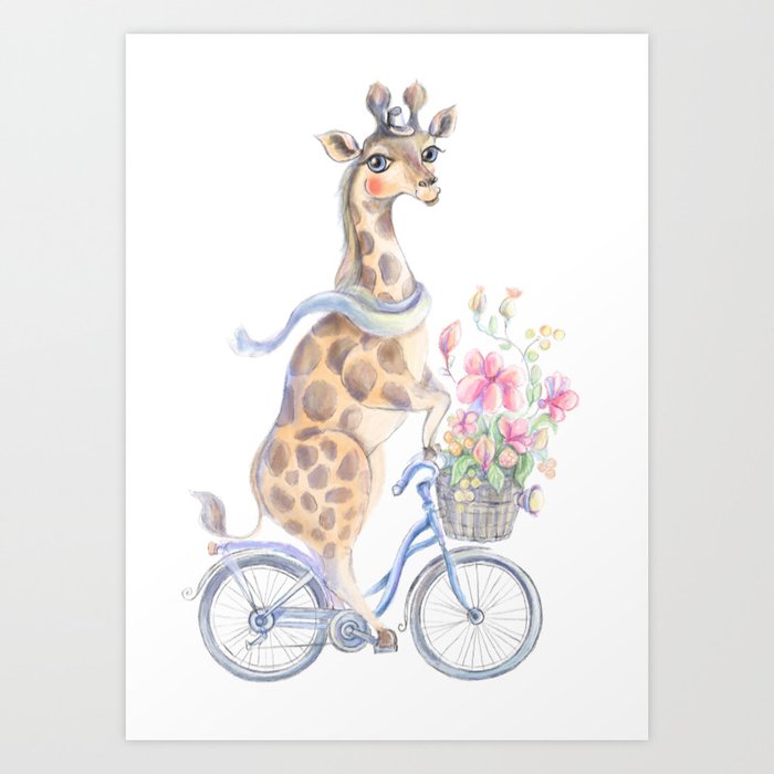 Sublimation Design, Giraffe, PNG Clipart, Giraffe on the bicycle, New Baby Card Design Art Print